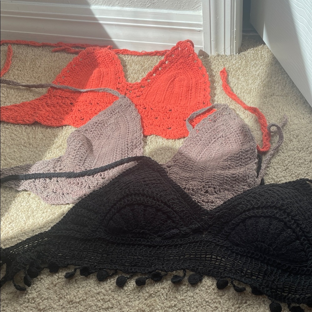 Crochet Bralette Set - Black, Coral, and Mauve